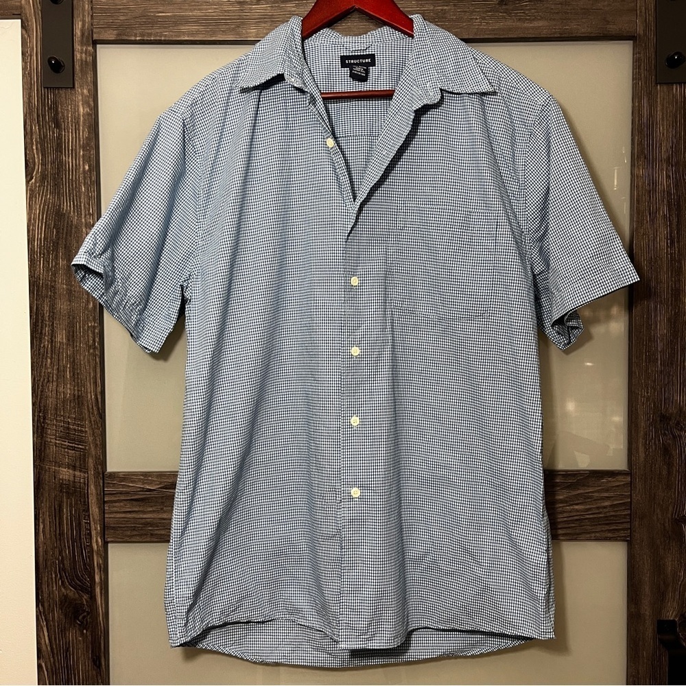 Vintage 90's Y2K Structure Men's Light & Navy Blue Checkered Shirt Large Preppy